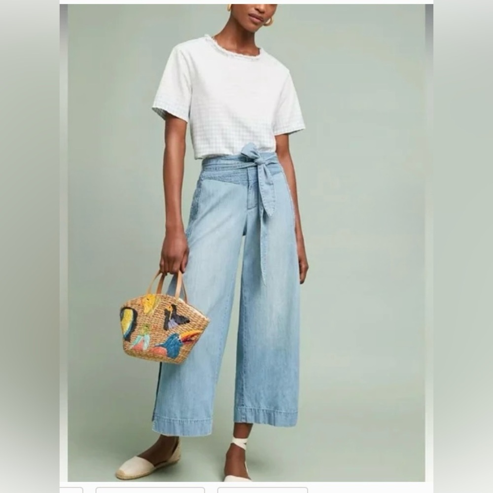 NWT Pilcro Anthropology Light Blue Denim Wide-Leg Pants with Embroidery 24P